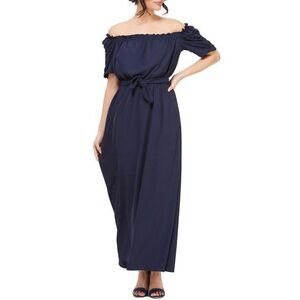 Gal Meets Glam Womens Sydney Maxi Dress Belted Off the Shoulder Navy Blue Size 6